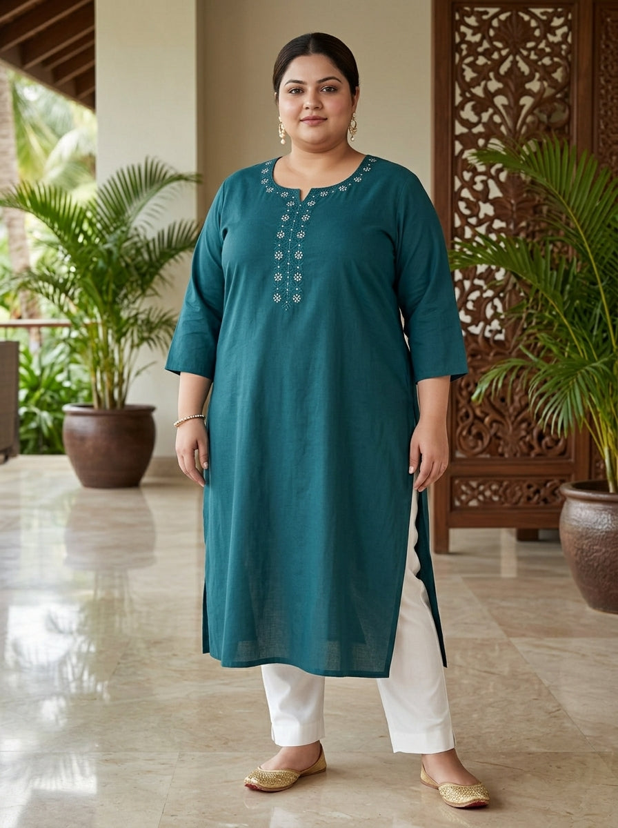 Plus Size Blue Cotton Solid Print Straight Kurta-100102
