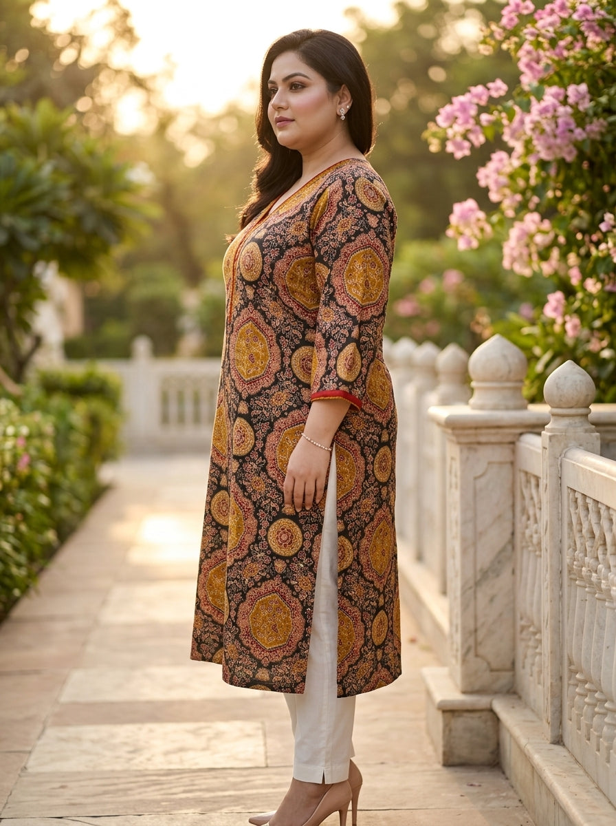 Plus Size Black Cotton Ajrakh Print Straight Kurta-100113