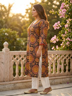 Plus Size Black Cotton Ajrakh Print Straight Kurta-100113
