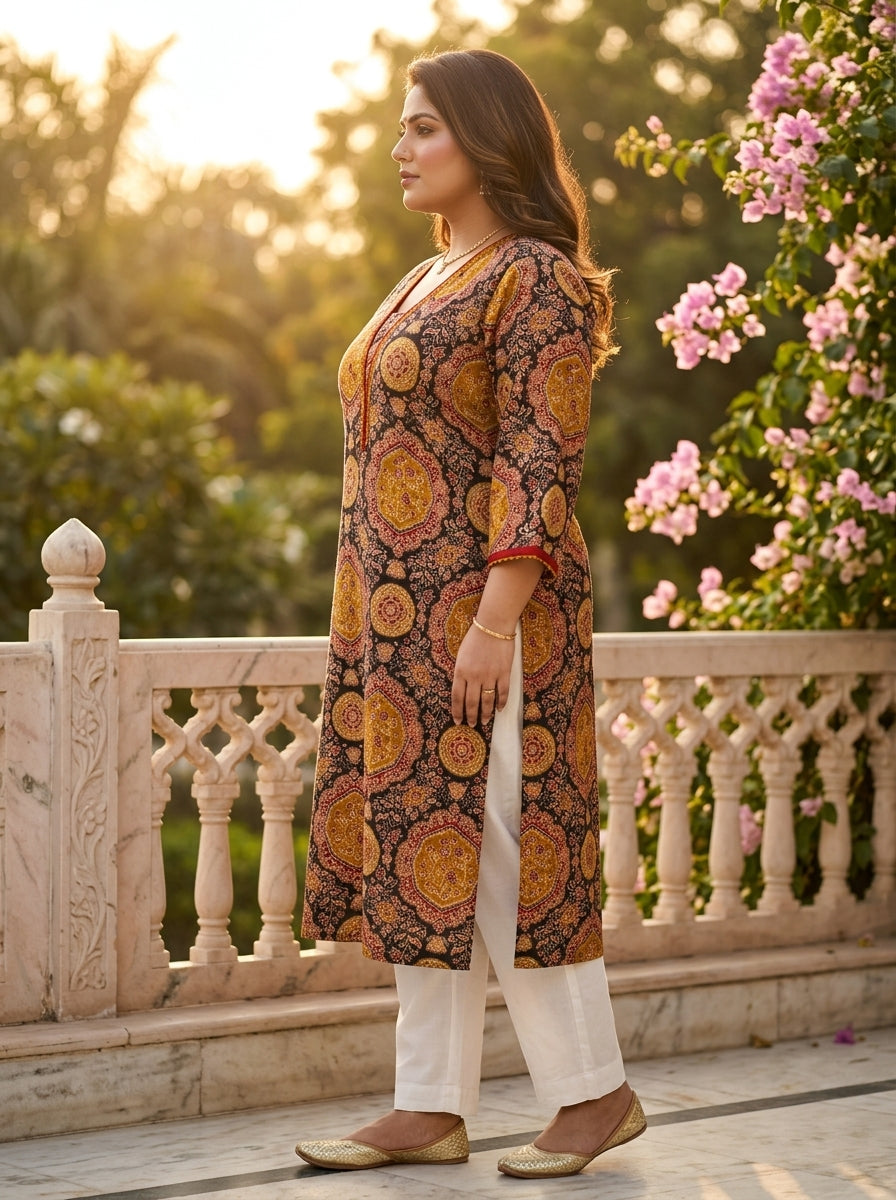 Plus Size Black Cotton Ajrakh Print Straight Kurta-100113
