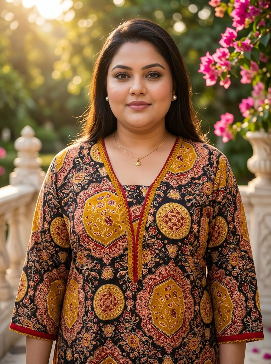 Plus Size Black Cotton Ajrakh Print Straight Kurta-100113