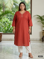 Plus Size Cotton Rust Embroidered Straight Kurta-100114