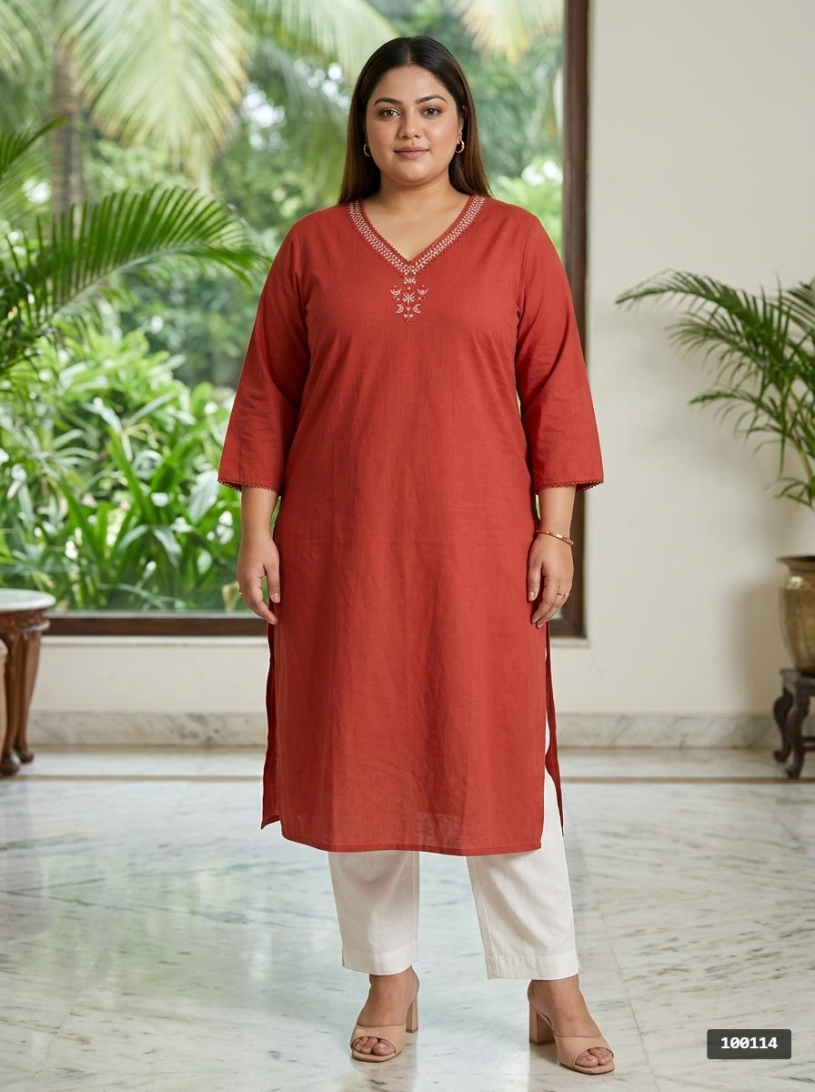 Plus Size Cotton Rust Embroidered Straight Kurta-100114