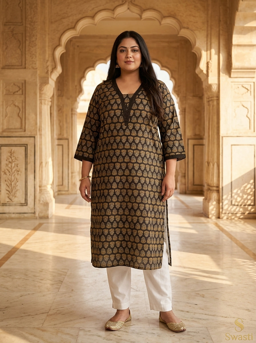 Plus Size Cotton Brown Printed Straight Kurta-100114