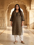 Plus Size Cotton Brown Printed Straight Kurta-100114