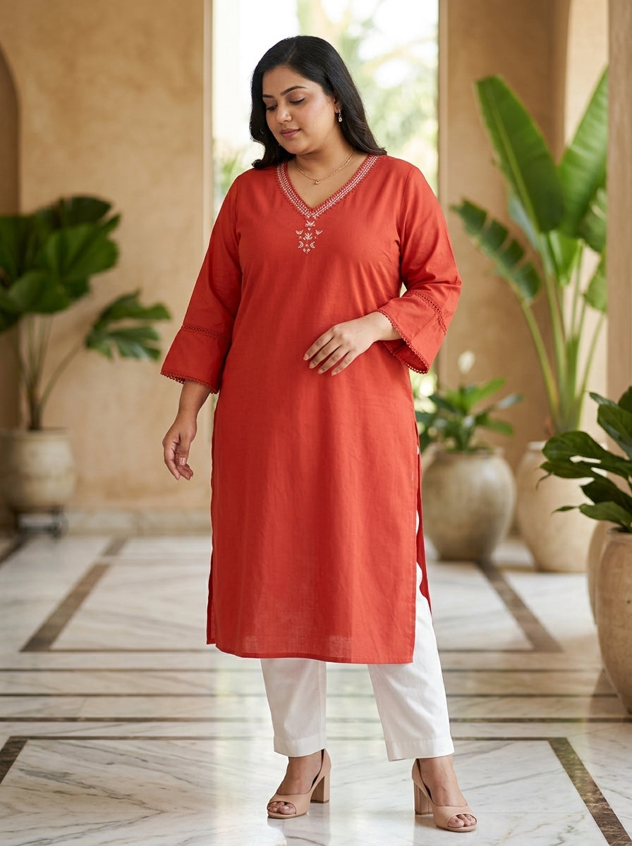 Plus Size Cotton Rust Embroidered Straight Kurta-100114