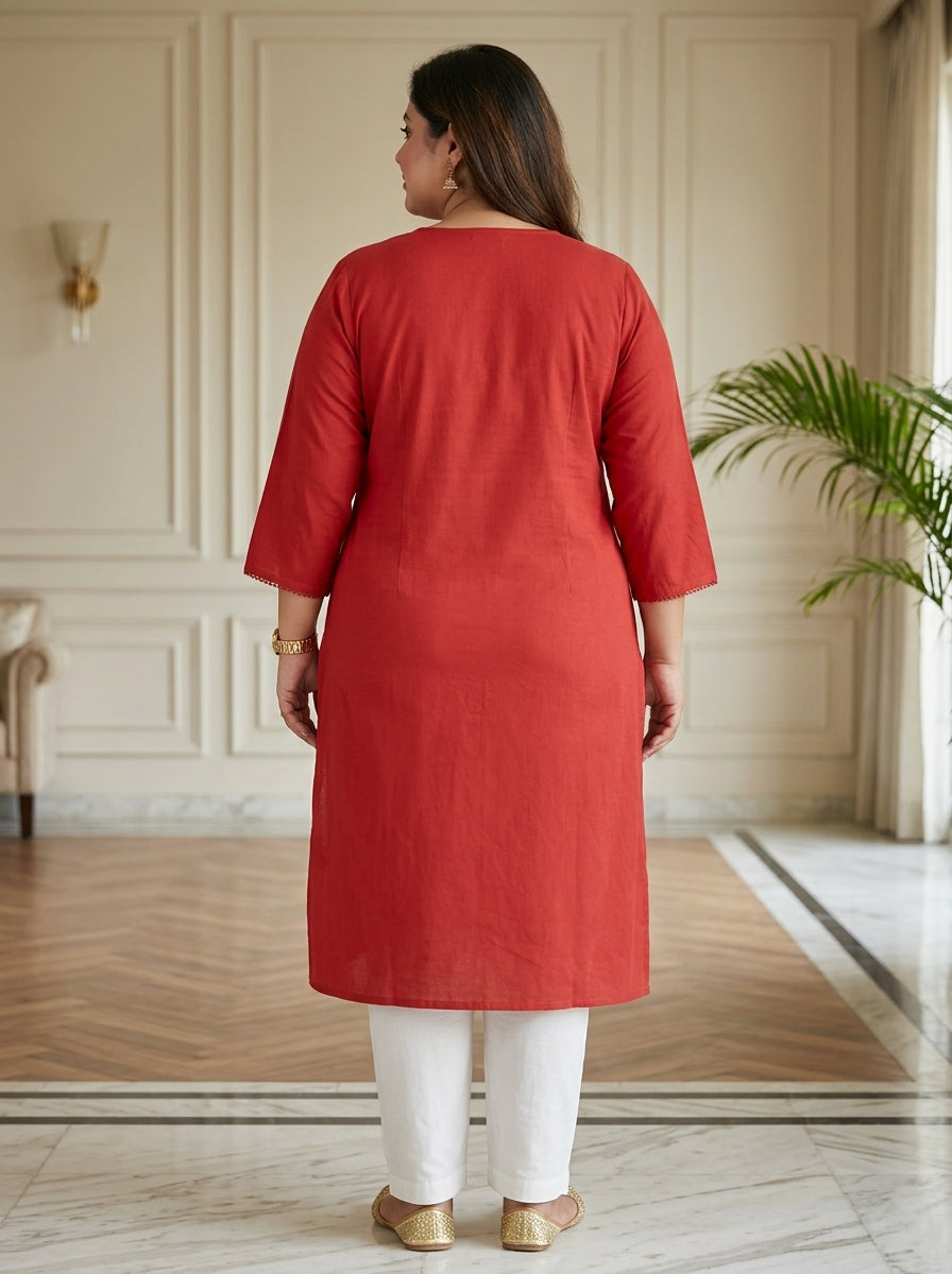 Plus Size Cotton Rust Embroidered Straight Kurta-100114