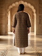 Plus Size Cotton Brown Printed Straight Kurta-100114