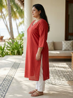 Plus Size Cotton Rust Embroidered Straight Kurta-100114