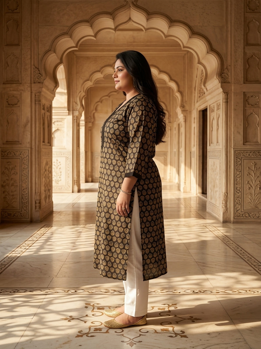 Plus Size Cotton Brown Printed Straight Kurta-100114