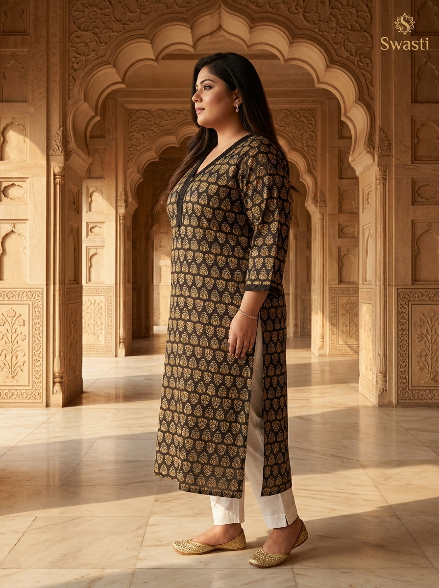 Plus Size Cotton Brown Printed Straight Kurta-100114