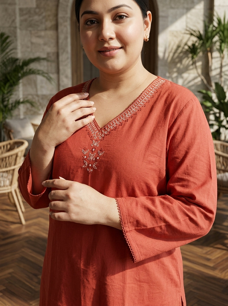 Plus Size Cotton Rust Embroidered Straight Kurta-100114