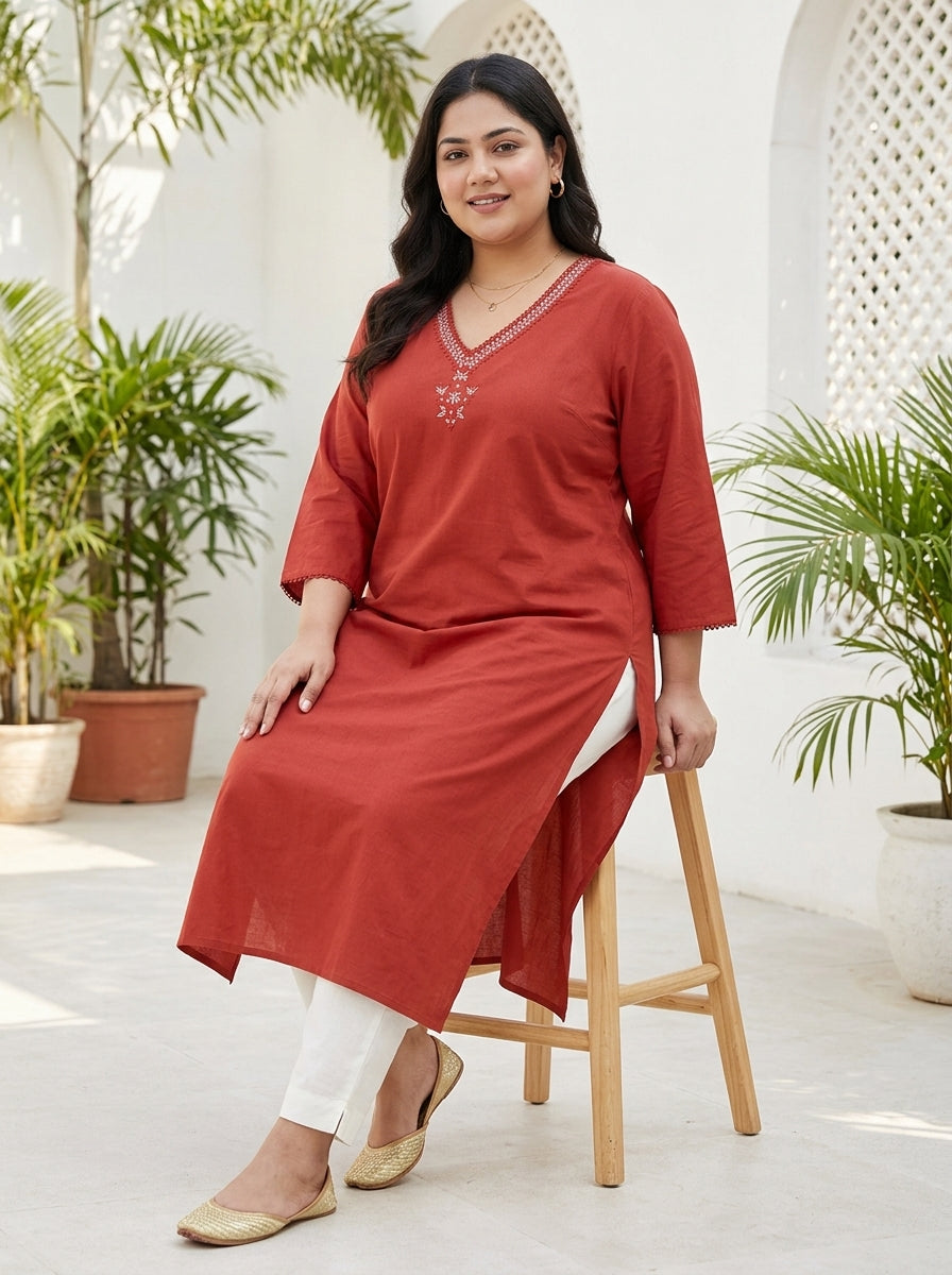 Plus Size Cotton Rust Embroidered Straight Kurta-100114