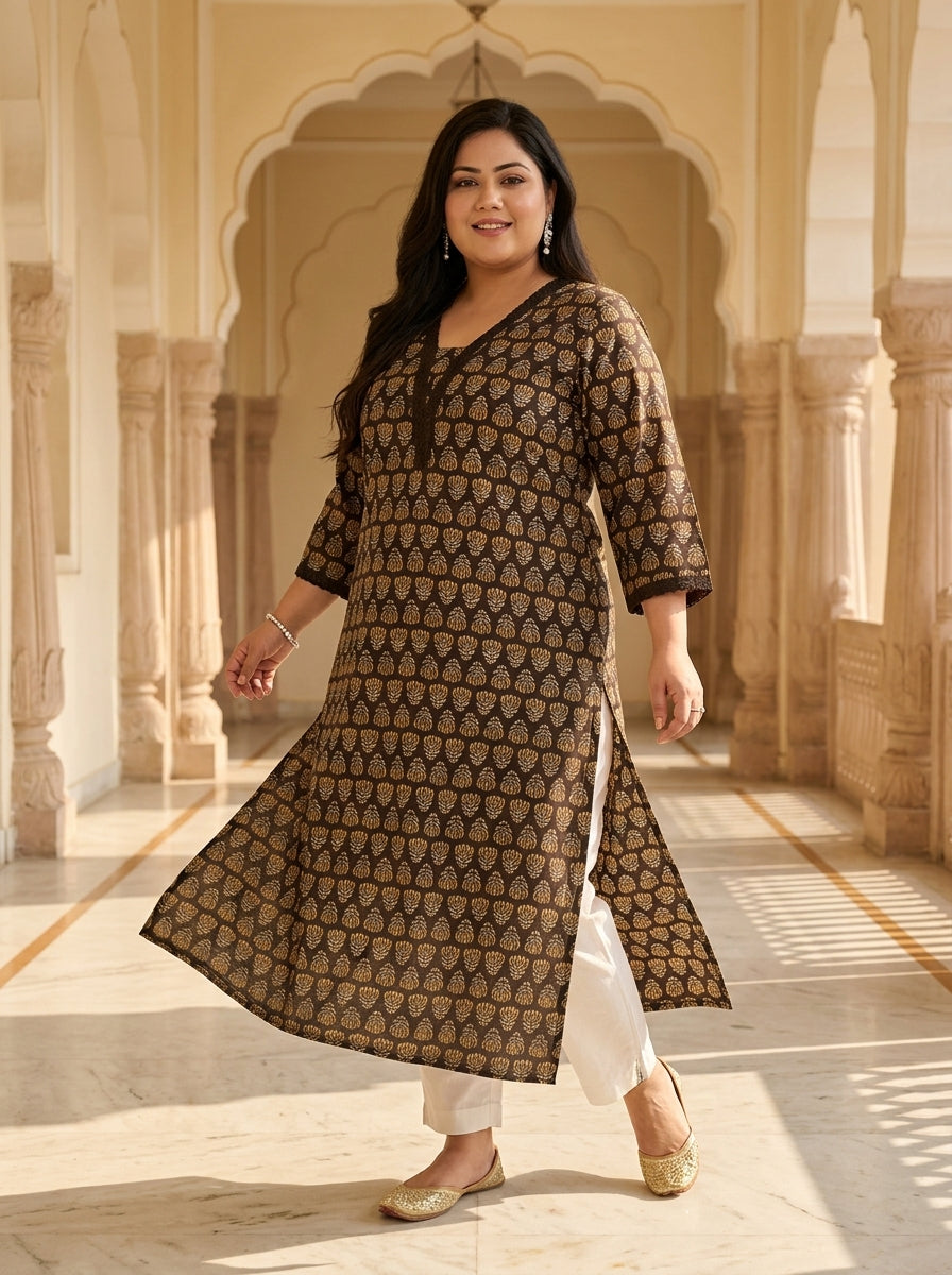 Plus Size Cotton Brown Printed Straight Kurta-100114