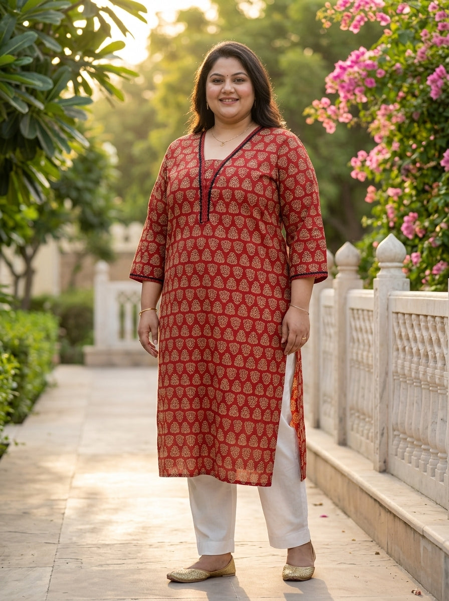 Plus Size Maroon Cotton Floral Print Straight Kurta-100115