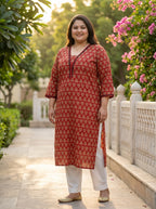 Plus Size Maroon Cotton Floral Print Straight Kurta-100115