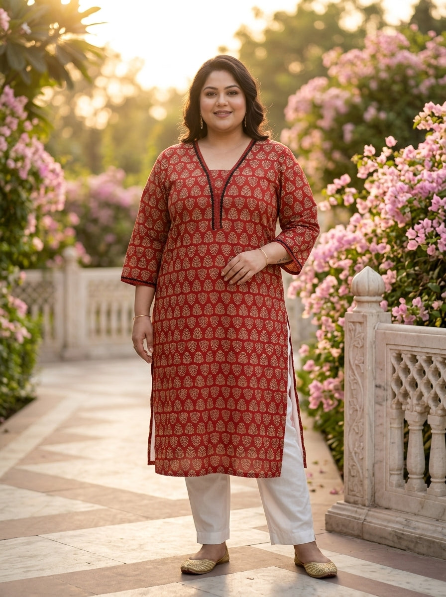 Plus Size Maroon Cotton Floral Print Straight Kurta-100115