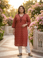Plus Size Maroon Cotton Floral Print Straight Kurta-100115