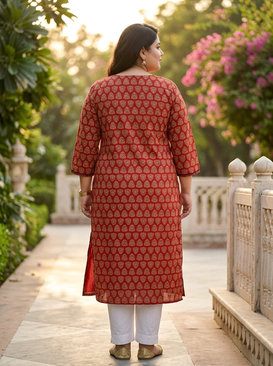 Plus Size Maroon Cotton Floral Print Straight Kurta-100115