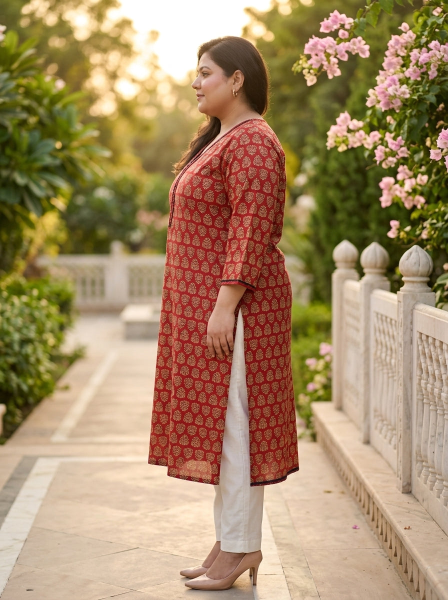 Plus Size Maroon Cotton Floral Print Straight Kurta-100115