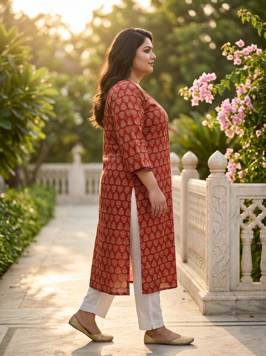 Plus Size Maroon Cotton Floral Print Straight Kurta-100115