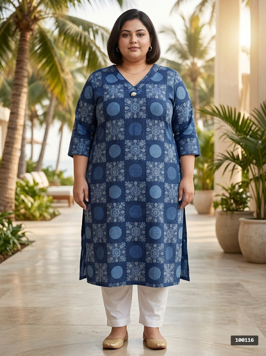 Plus Size Blue Cotton Geometric Print Straight Kurta-100116