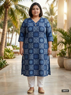 Plus Size Blue Cotton Geometric Print Straight Kurta-100116