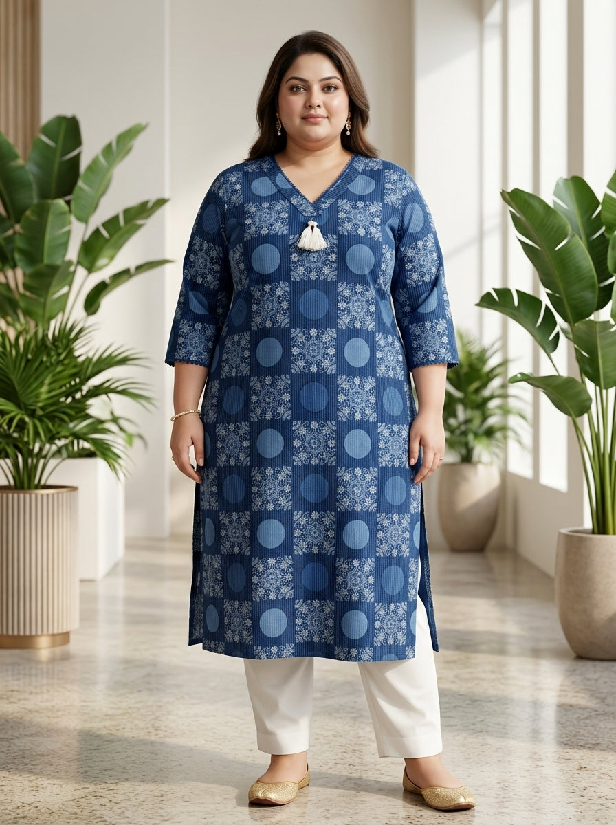 Plus Size Blue Cotton Geometric Print Straight Kurta-100116 Main image