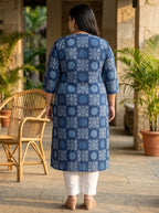 Plus Size Blue Cotton Geometric Print Straight Kurta-100116