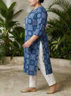 Plus Size Blue Cotton Geometric Print Straight Kurta-100116