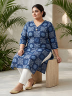 Plus Size Blue Cotton Geometric Print Straight Kurta-100116