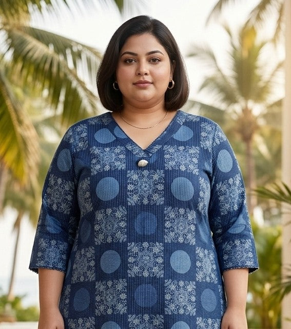 Plus Size Blue Cotton Geometric Print Straight Kurta-100116