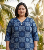Plus Size Blue Cotton Geometric Print Straight Kurta-100116