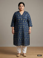 Plus Size Blue Cotton Floral Print Straight Kurta-100117