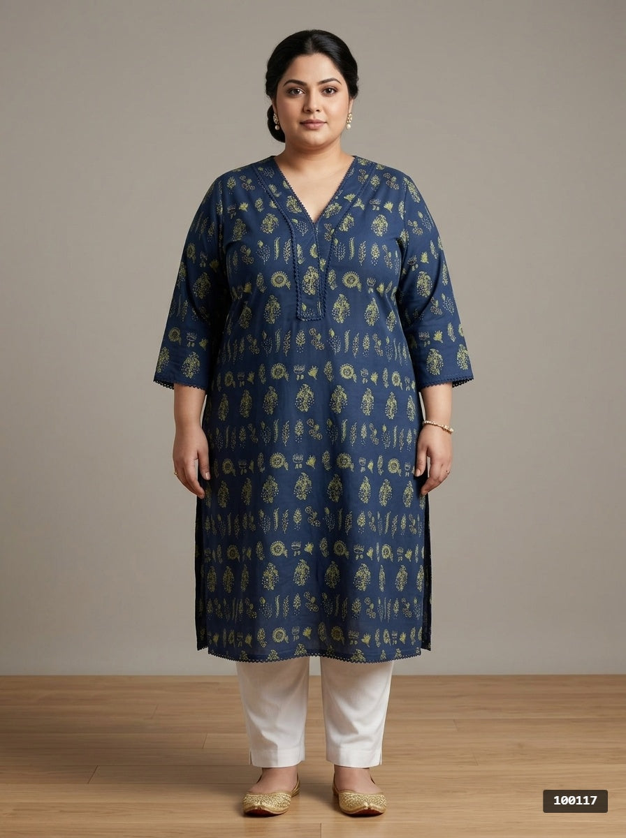 Plus Size Blue Cotton Floral Print Straight Kurta-100117
