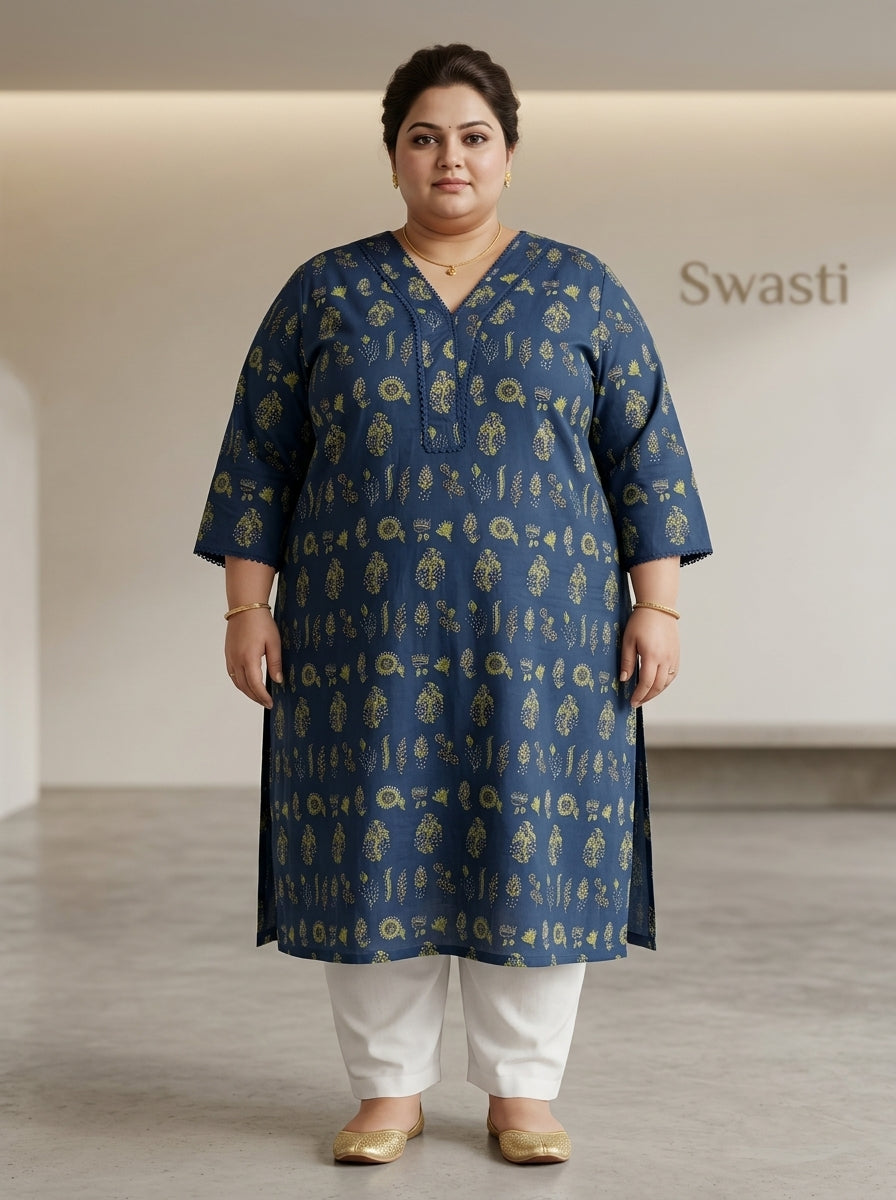 Plus Size Blue Cotton Floral Print Straight Kurta-100117 Secondary image