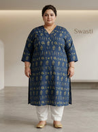 Plus Size Blue Cotton Floral Print Straight Kurta-100117