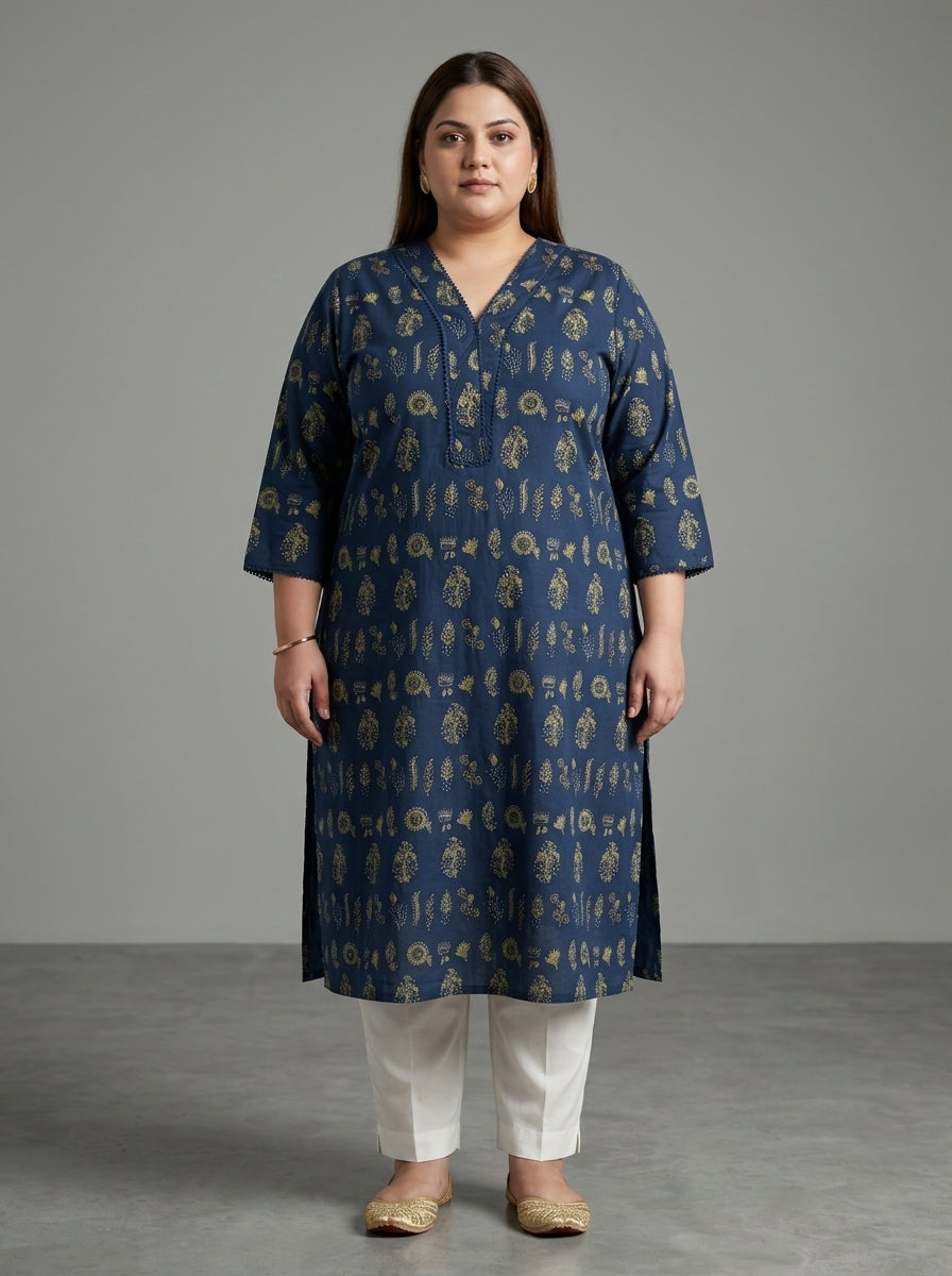 Plus Size Blue Cotton Floral Print Straight Kurta-100117