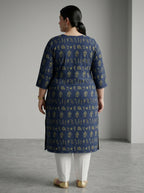 Plus Size Blue Cotton Floral Print Straight Kurta-100117