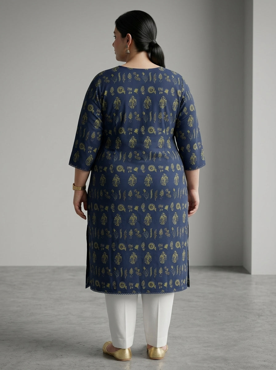 Plus Size Blue Cotton Floral Print Straight Kurta-100117