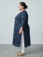 Plus Size Blue Cotton Floral Print Straight Kurta-100117