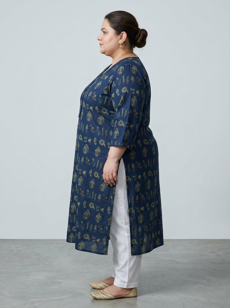 Plus Size Blue Cotton Floral Print Straight Kurta-100117