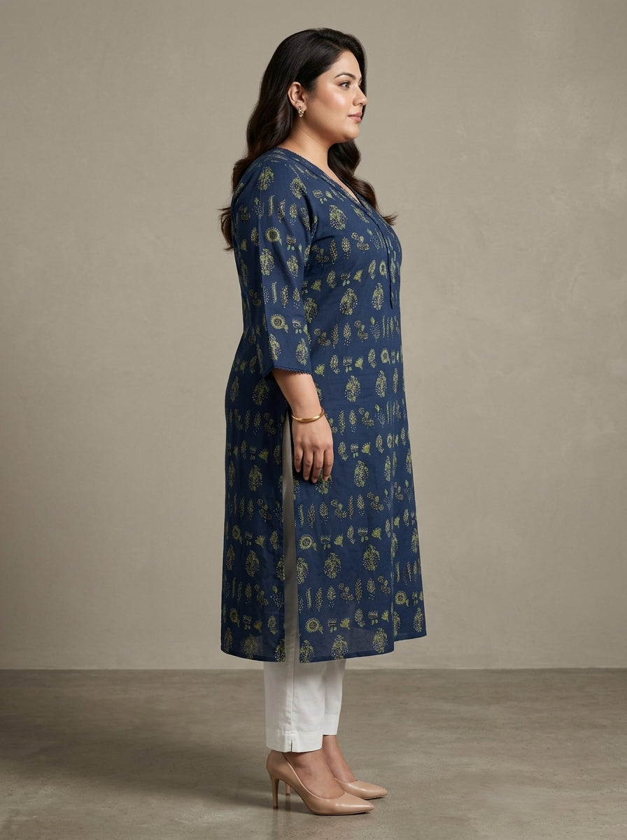 Plus Size Blue Cotton Floral Print Straight Kurta-100117