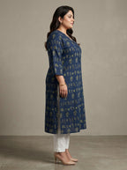 Plus Size Blue Cotton Floral Print Straight Kurta-100117