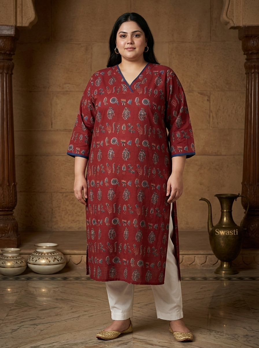 Maroon Pure Cotton Floral Print Straight Kurta Plus Size-100118