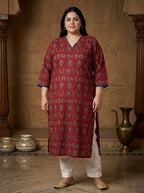 Maroon Pure Cotton Floral Print Straight Kurta Plus Size-100118