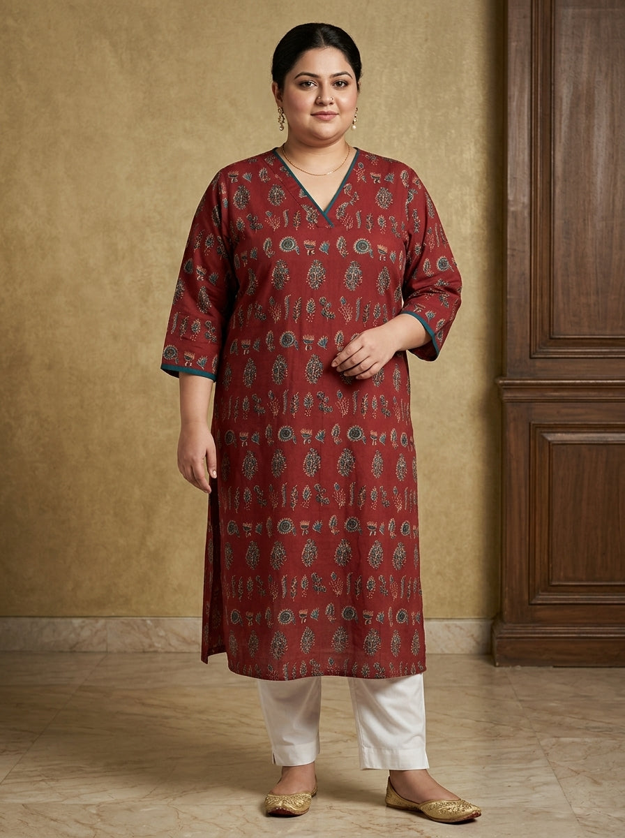 Maroon Pure Cotton Floral Print Straight Kurta Plus Size-100118 Main image