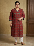 Maroon Pure Cotton Floral Print Straight Kurta Plus Size-100118
