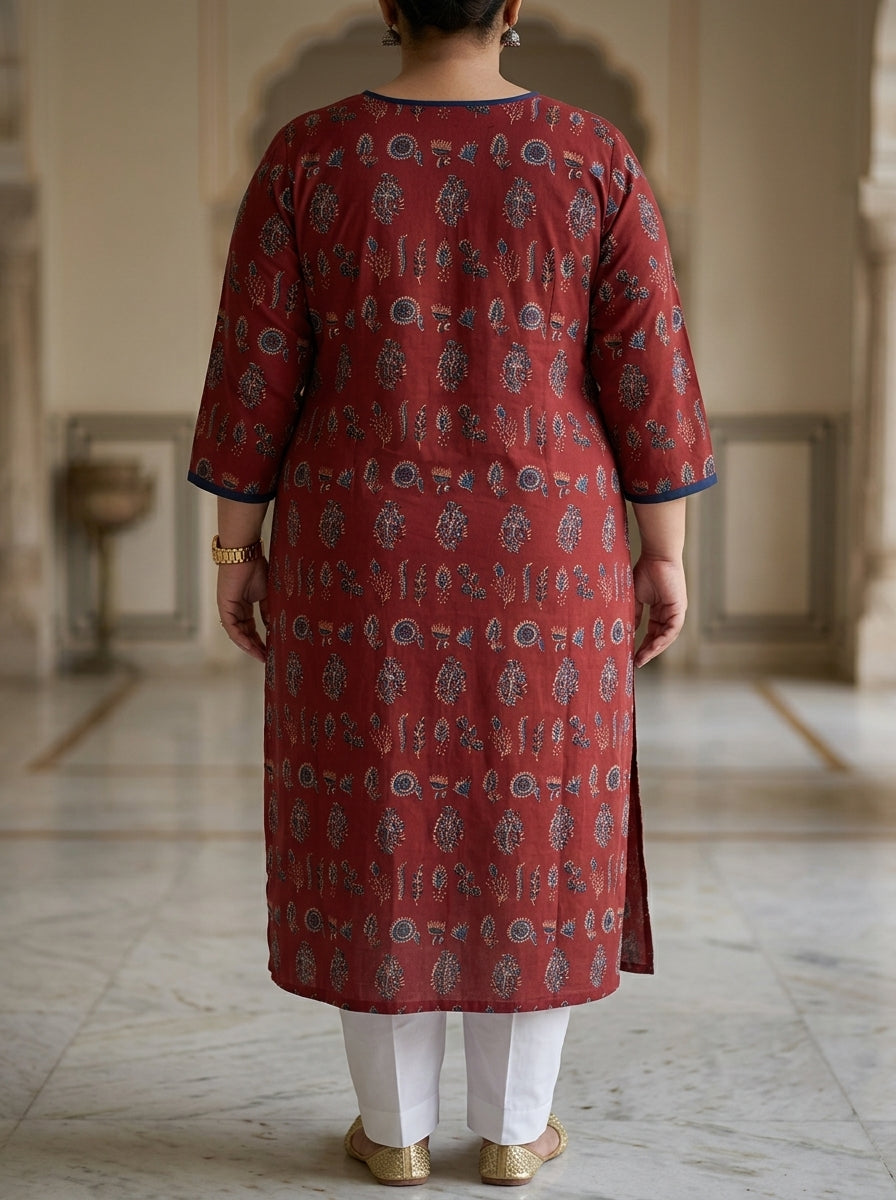Maroon Pure Cotton Floral Print Straight Kurta Plus Size-100118