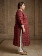 Maroon Pure Cotton Floral Print Straight Kurta Plus Size-100118